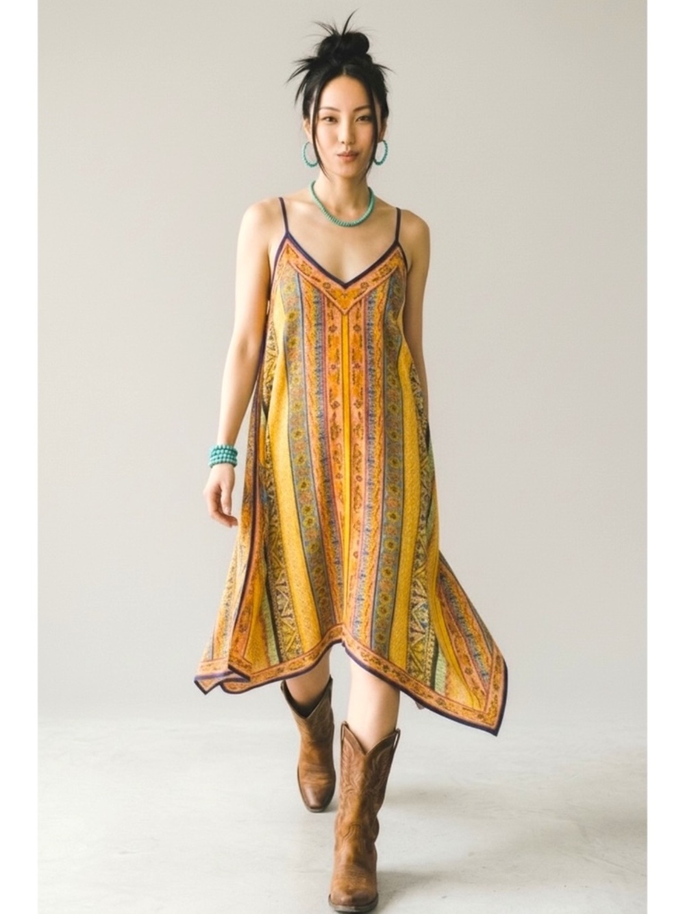 Flying Tomato Yellow Boho Print Handkerchief Hem Midi Dress | V Neck Sleeveless